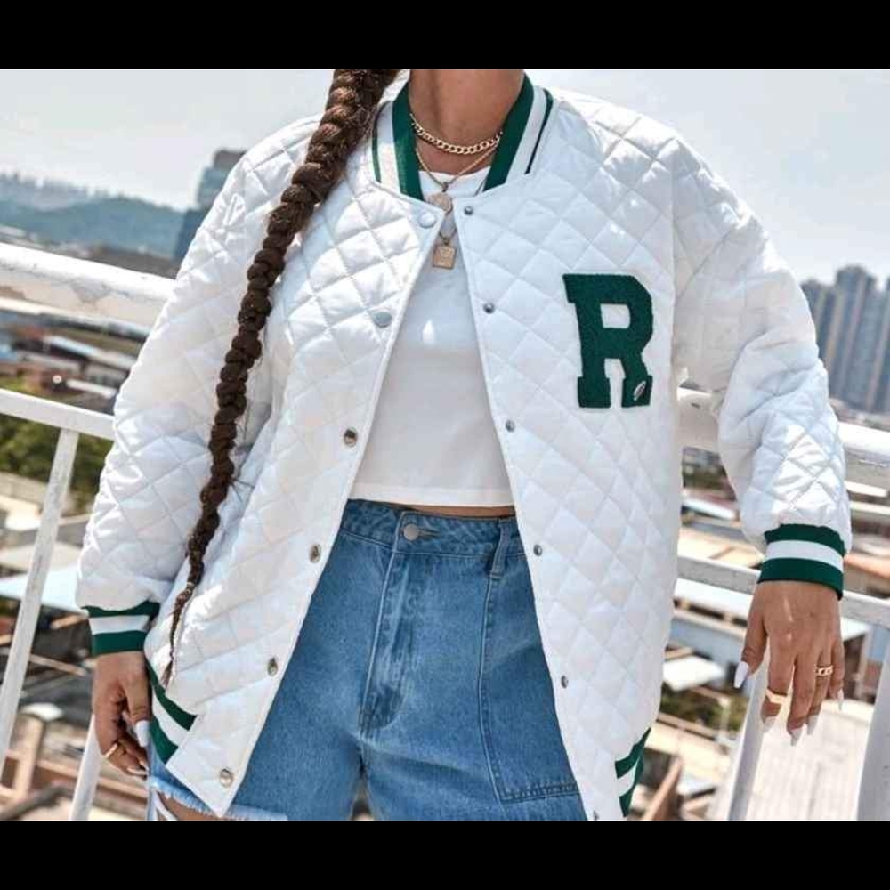 White Quilted Varsity Jacket with Green Accents